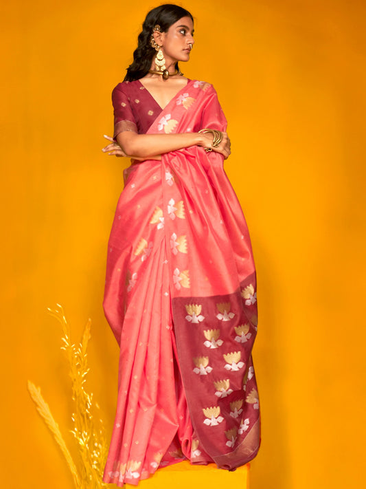 Pink Pink Jamdani Tussar Silk Woven Saree