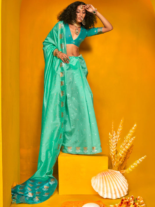 Blue Turquoise Jamdani Tussar Silk Woven Saree
