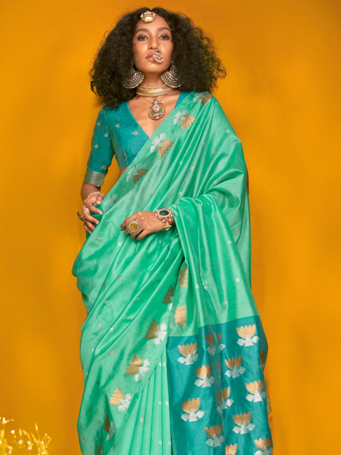 Turquoise Jamdani Tussar Silk Woven Saree