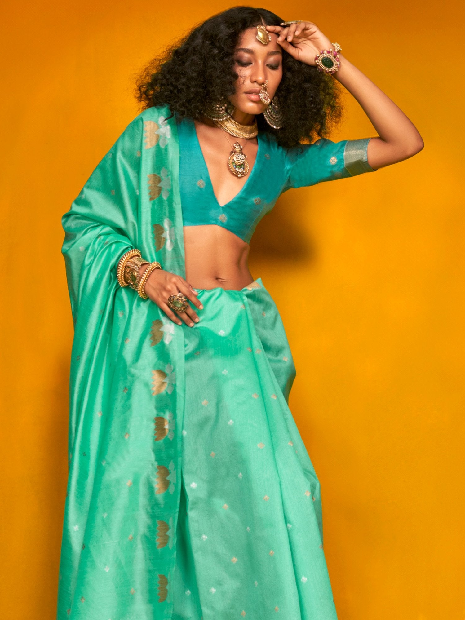 Turquoise Jamdani Tussar Silk Woven Saree