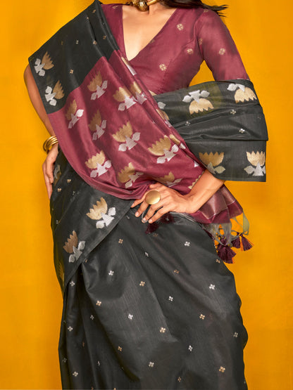 Black Jamdani Tussar Silk Woven Saree