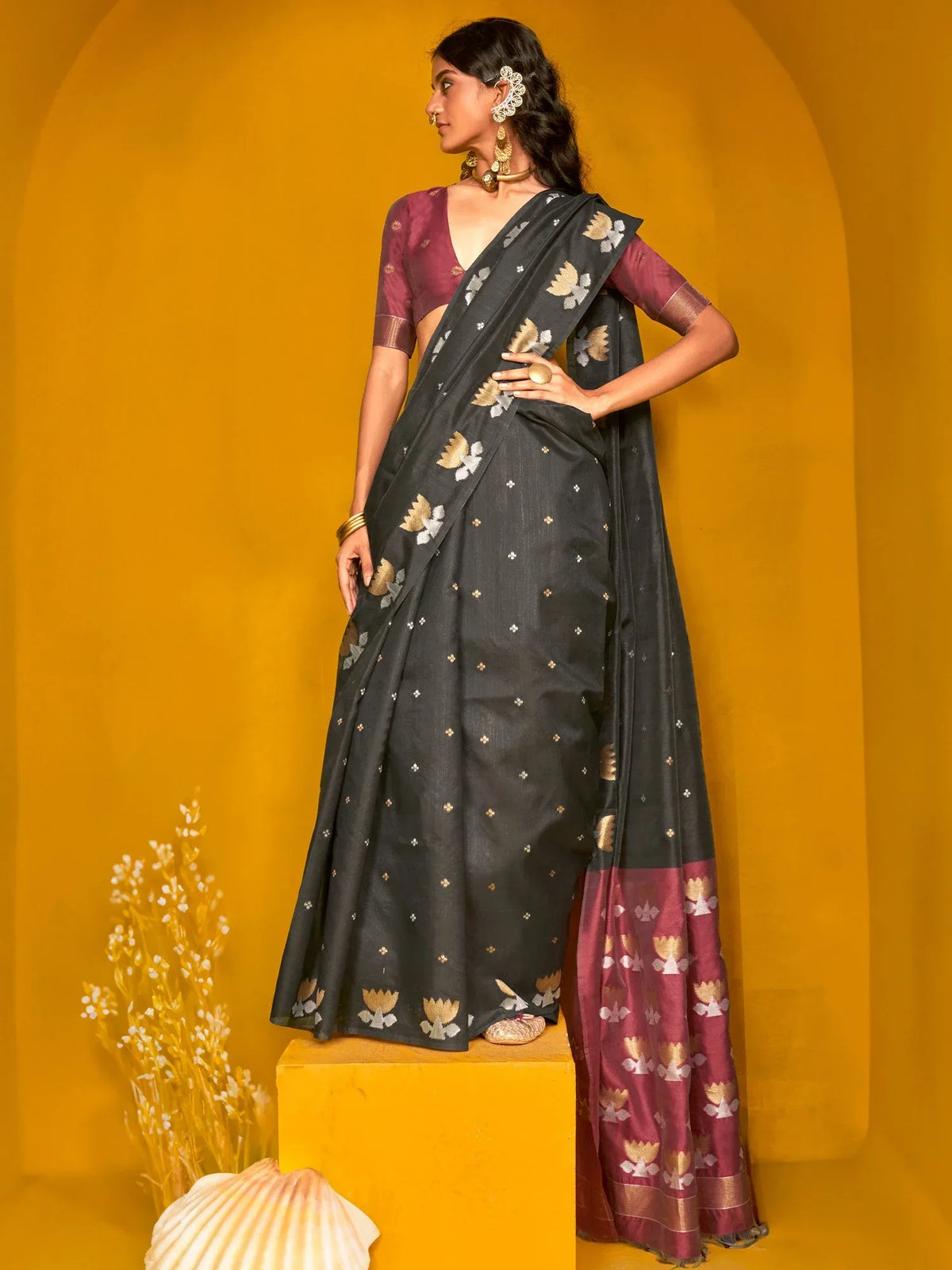 Black Black Jamdani Tussar Silk Woven Saree
