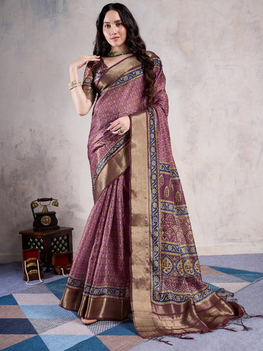 Purple Mauve Sungudi Organza Woven Saree