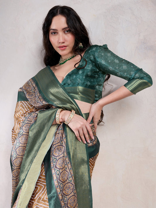 Brown Beige Sungudi Organza Woven Saree