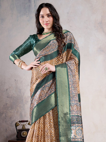 Beige Sungudi Organza Woven Saree