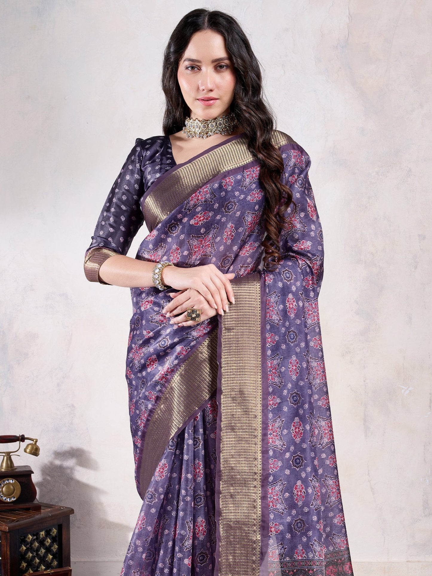Purple Sungudi Organza Woven Saree