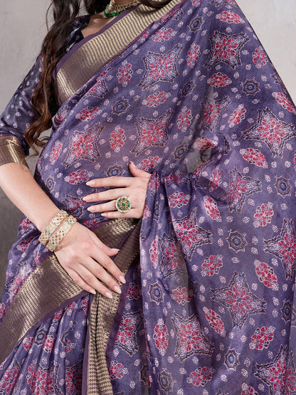 Purple Sungudi Organza Woven Saree