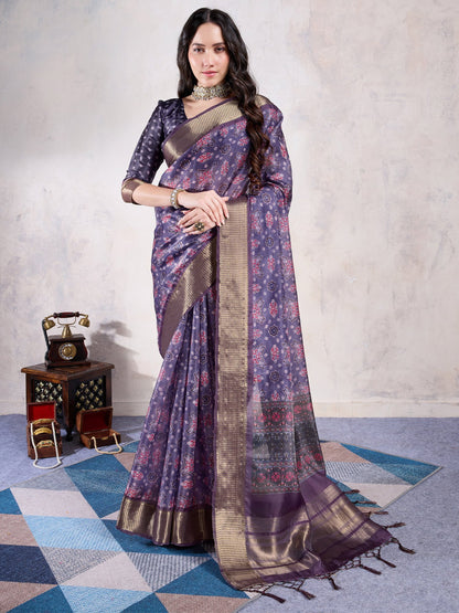 Purple Purple Sungudi Organza Woven Saree