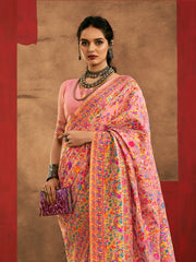 Pink Phulkari Cotton Silk Woven Saree