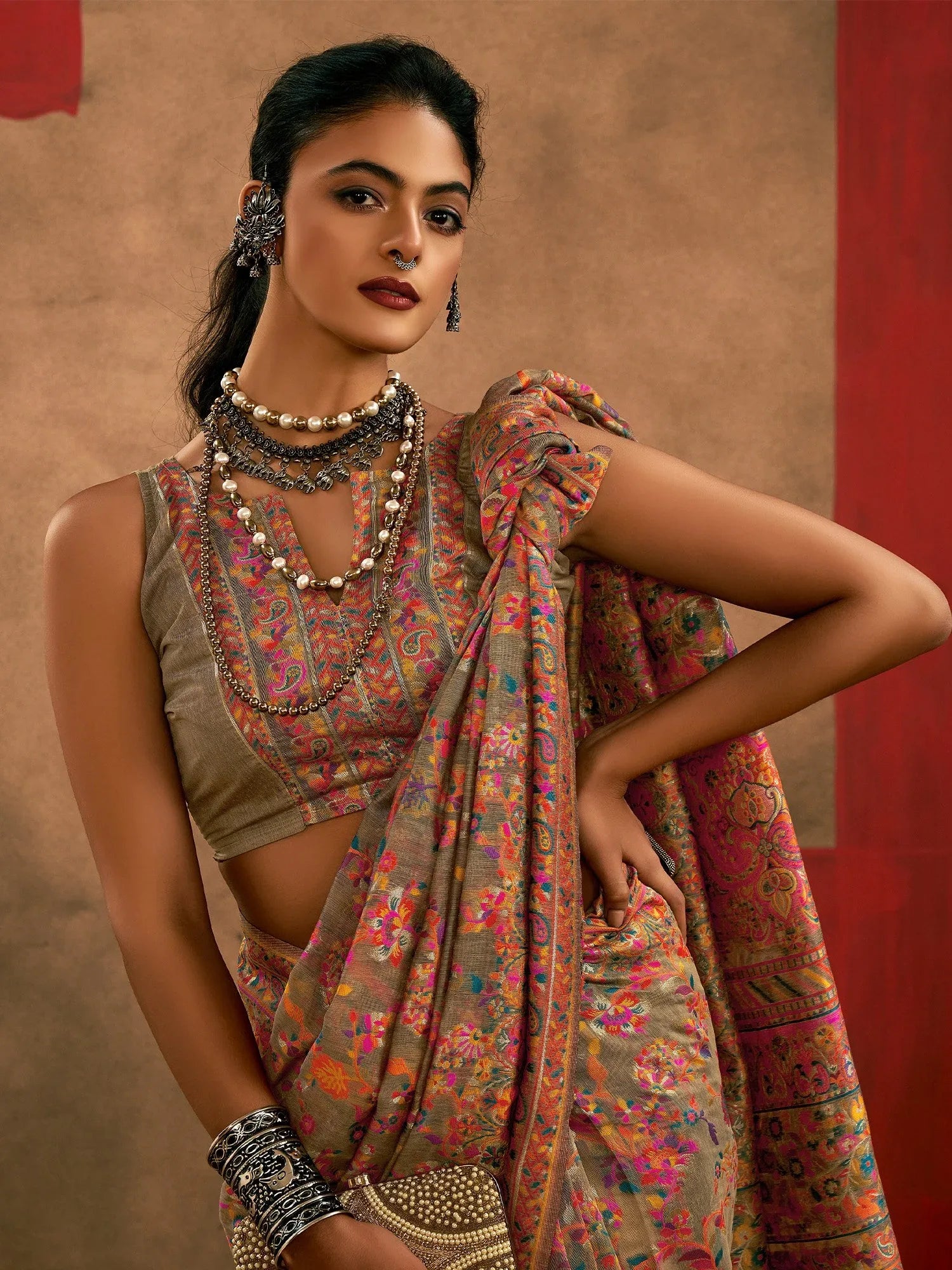 Beige Phulkari Cotton Silk Woven Saree