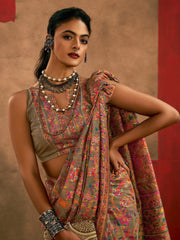 Beige Phulkari Cotton Silk Woven Saree