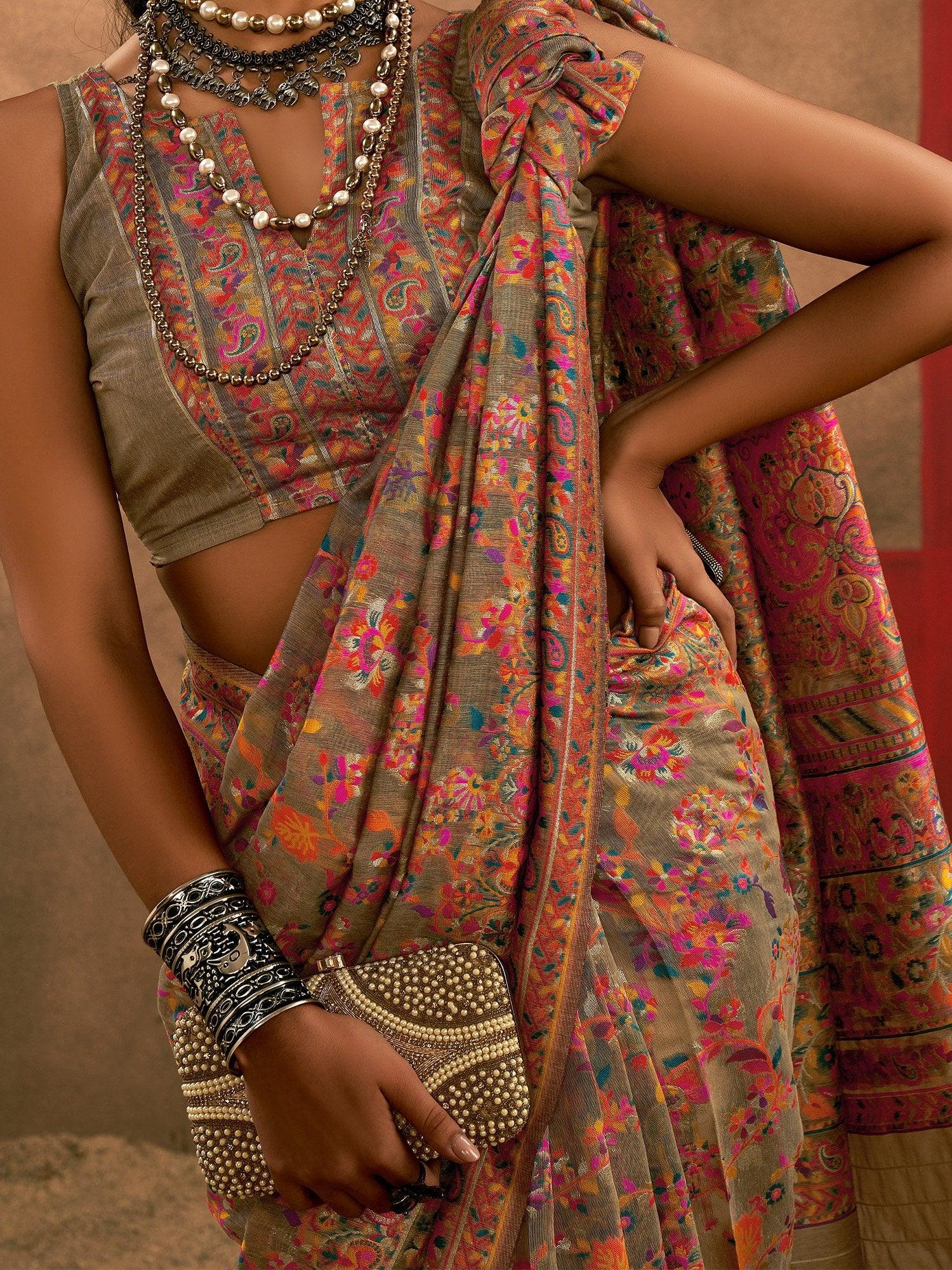 Beige Phulkari Cotton Silk Woven Saree