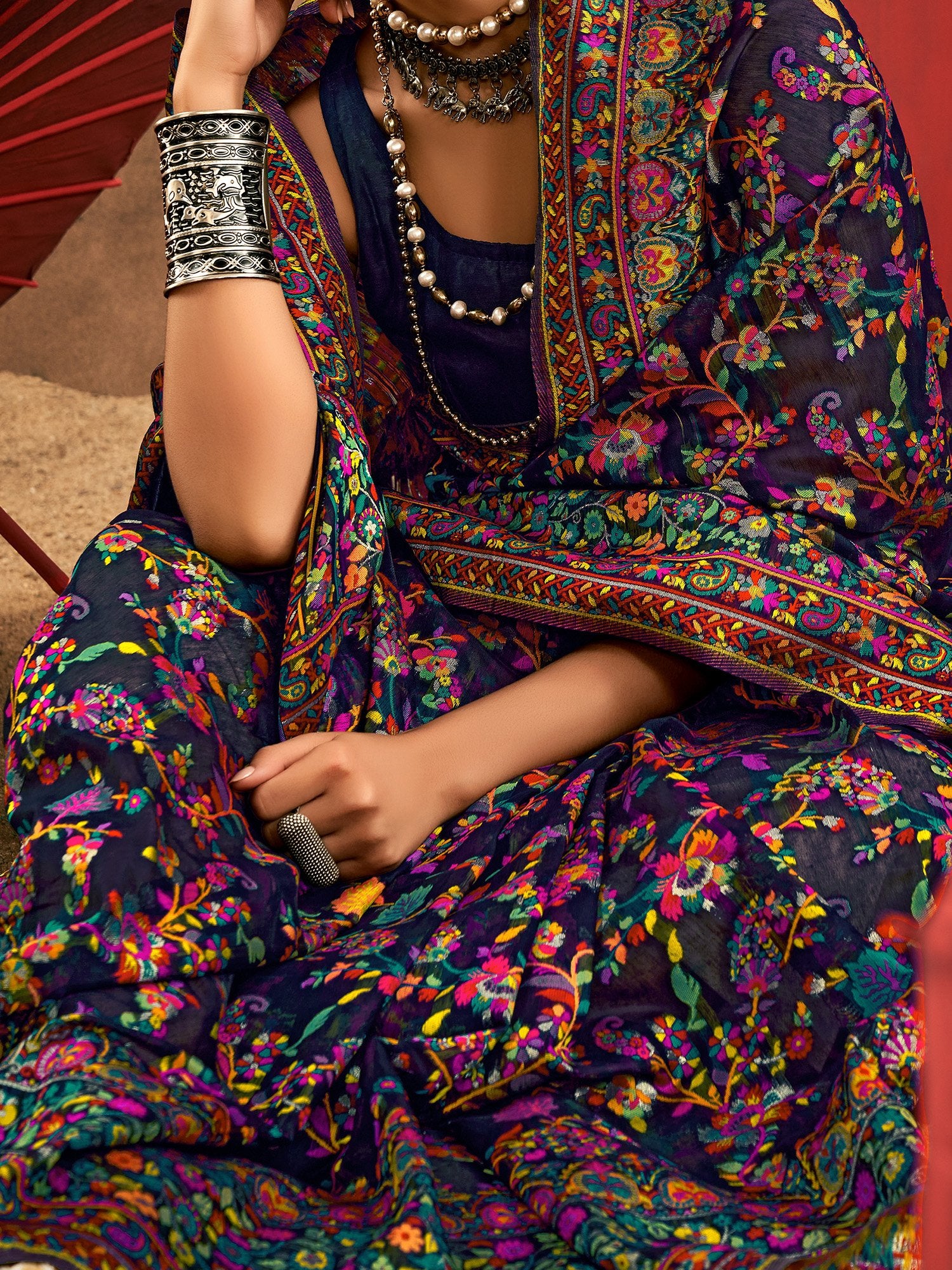 Navy Phulkari Cotton Silk Woven Saree