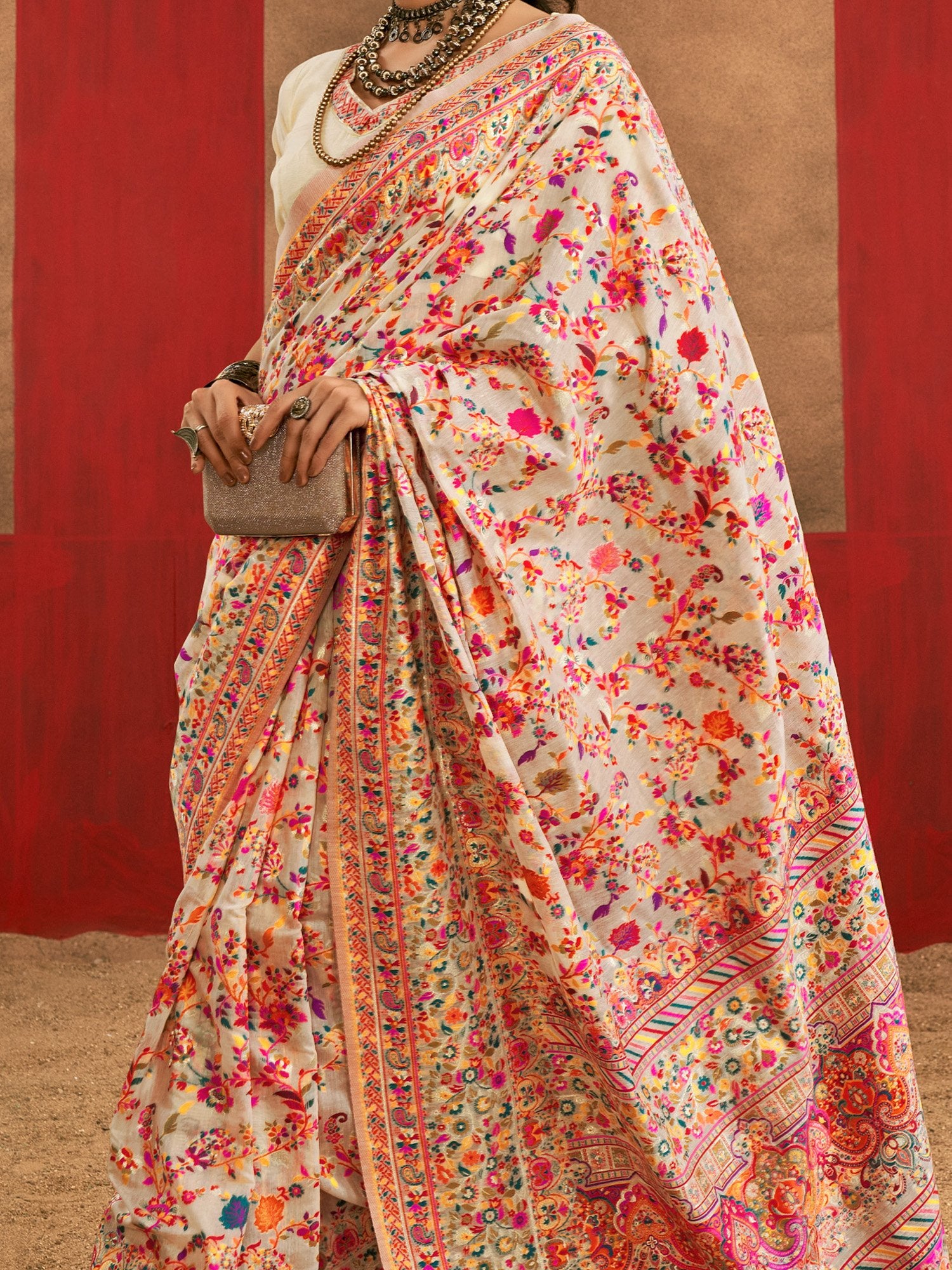 Cream Phulkari Cotton Silk Woven Saree