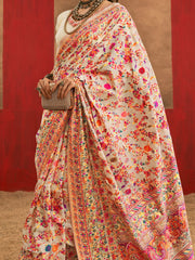 Cream Phulkari Cotton Silk Woven Saree