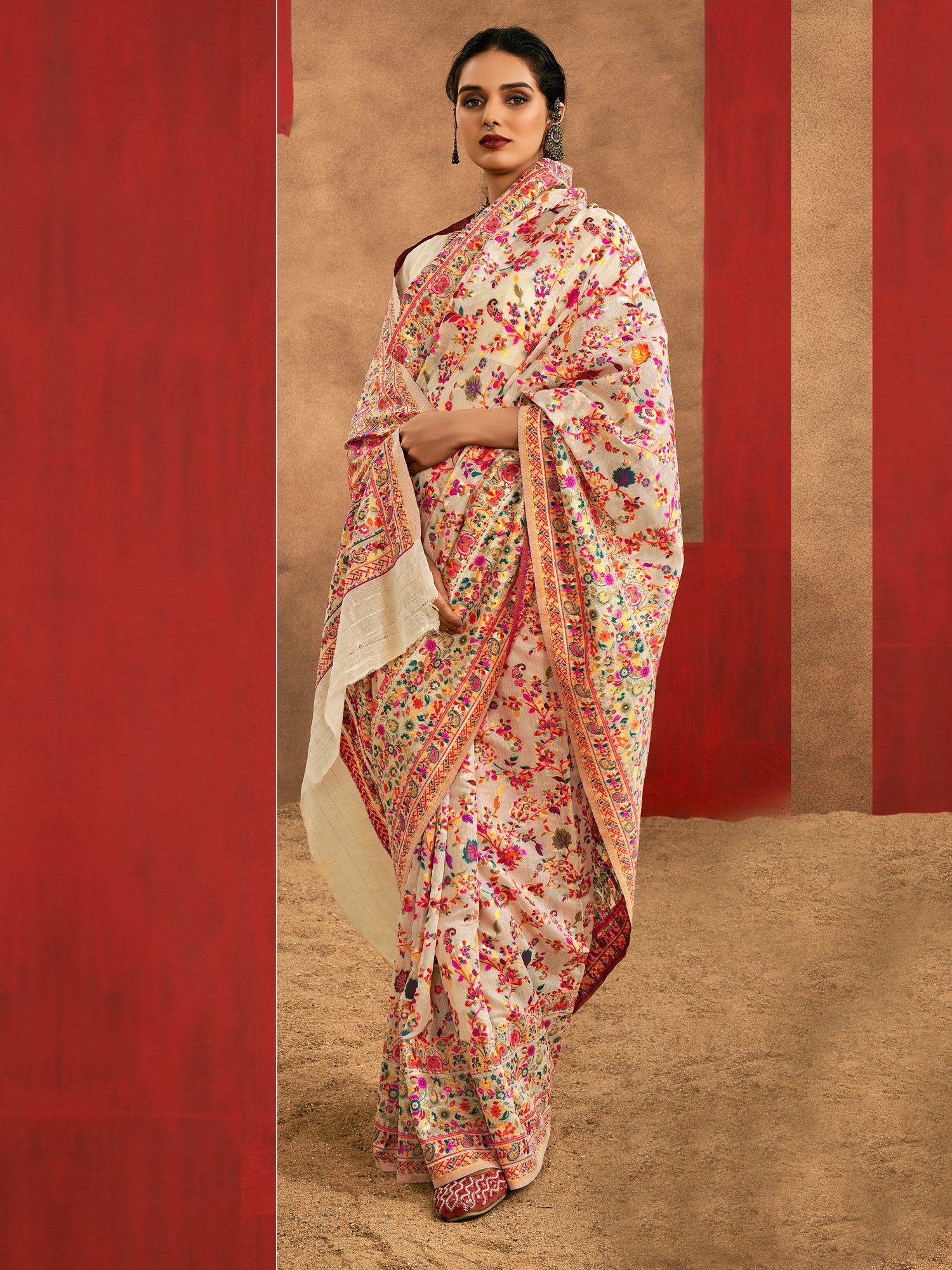 Cream Cream Phulkari Cotton Silk Woven Saree