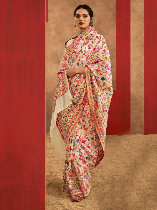 Cream Cream Phulkari Cotton Silk Woven Saree