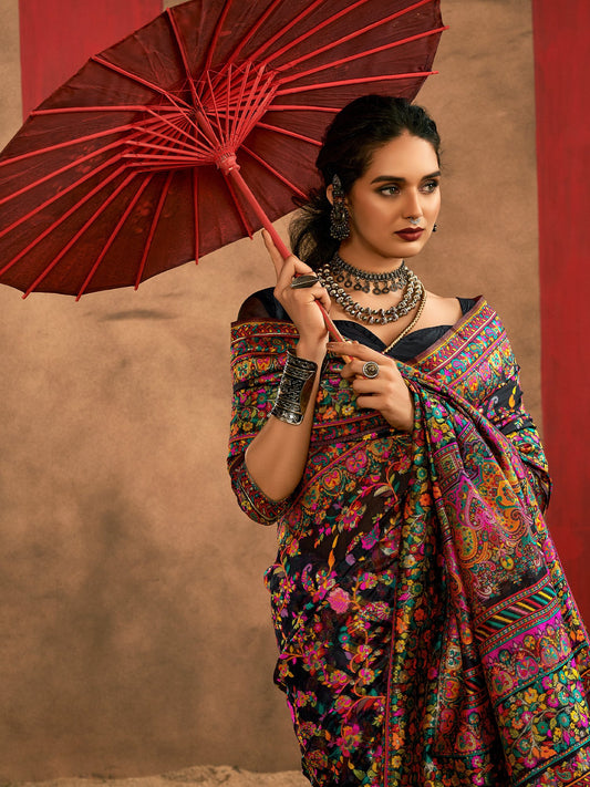 Black Black Phulkari Cotton Silk Woven Saree