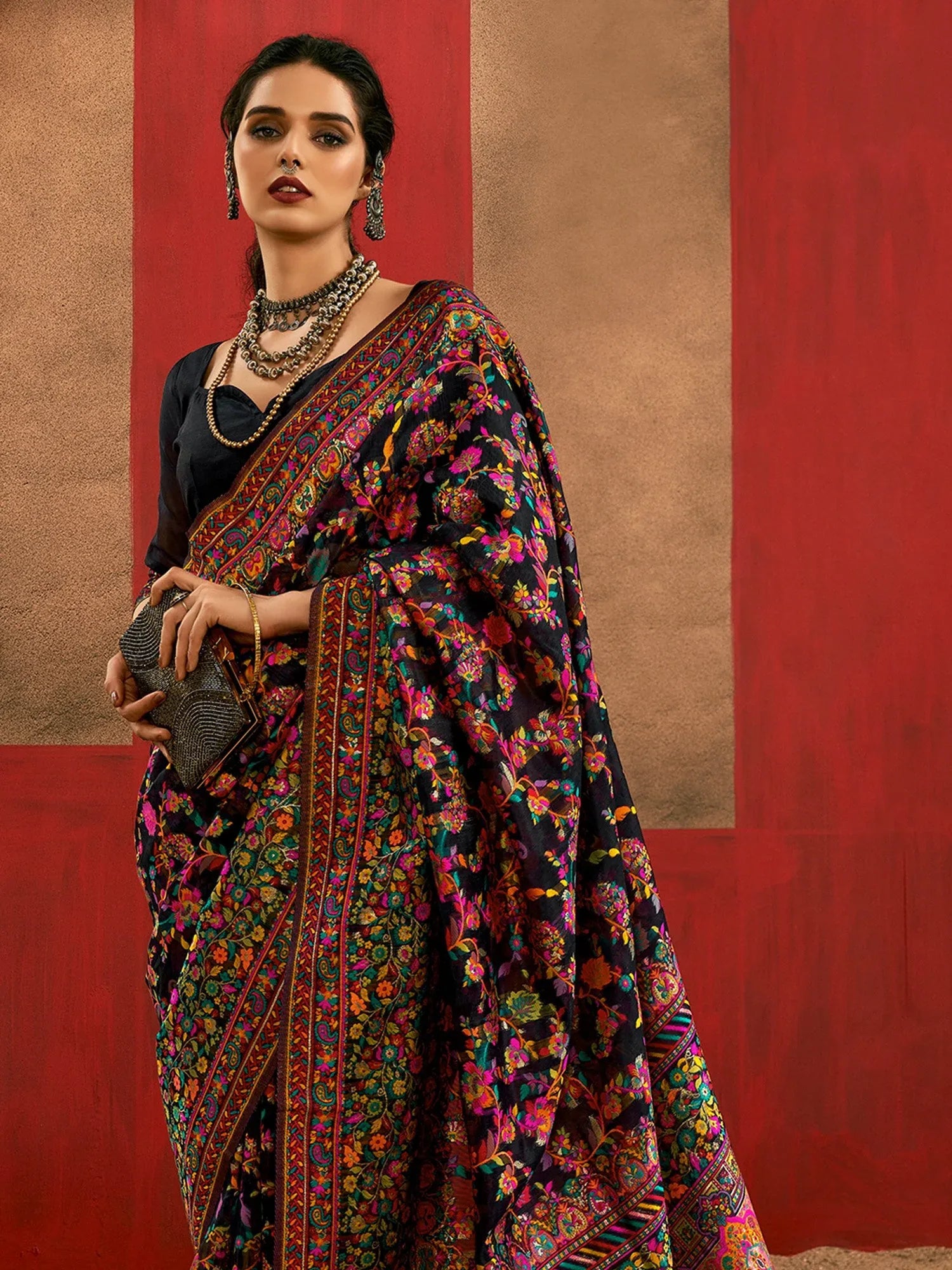 Black Phulkari Cotton Silk Woven Saree