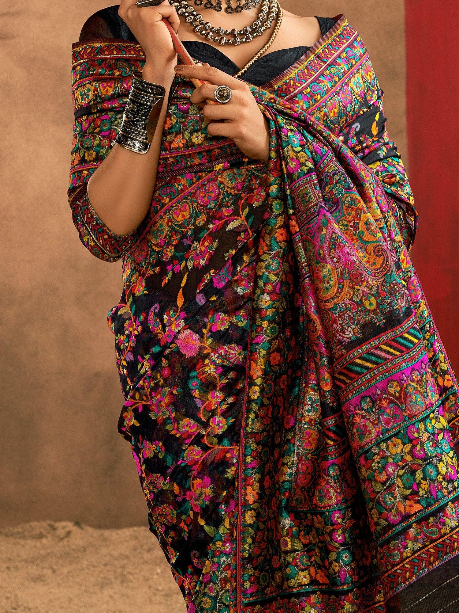 Black Phulkari Cotton Silk Woven Saree