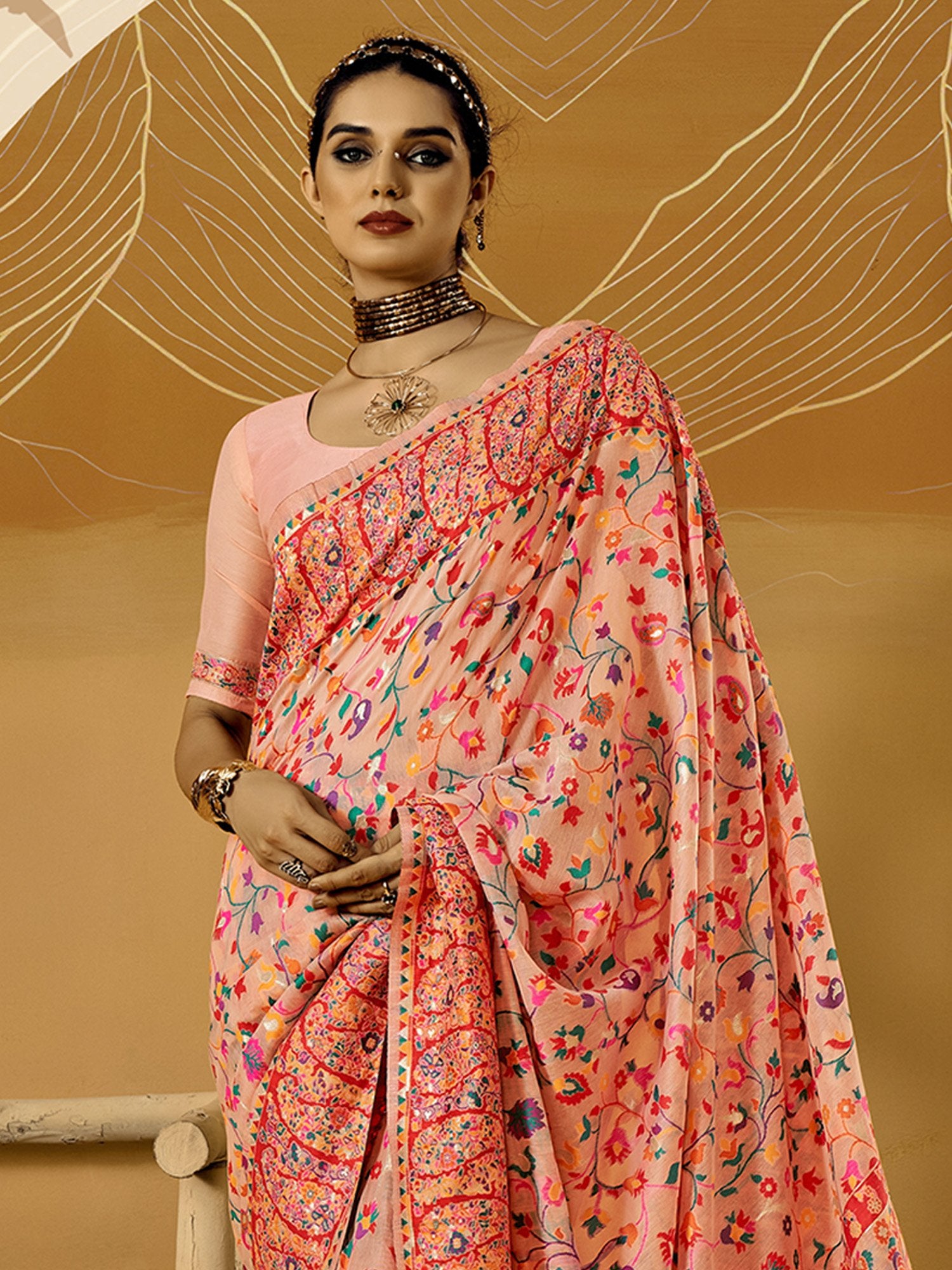 Peach Phulkari Cotton Silk Woven Saree