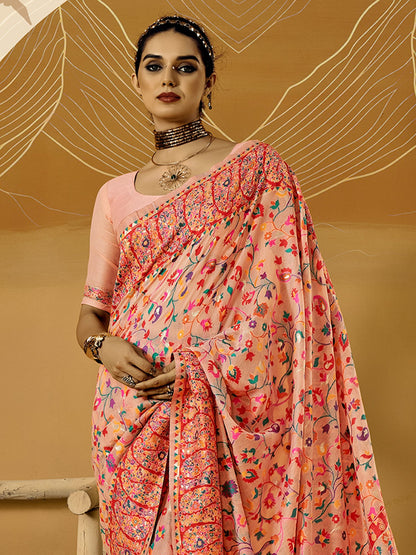 Peach Phulkari Cotton Silk Woven Saree
