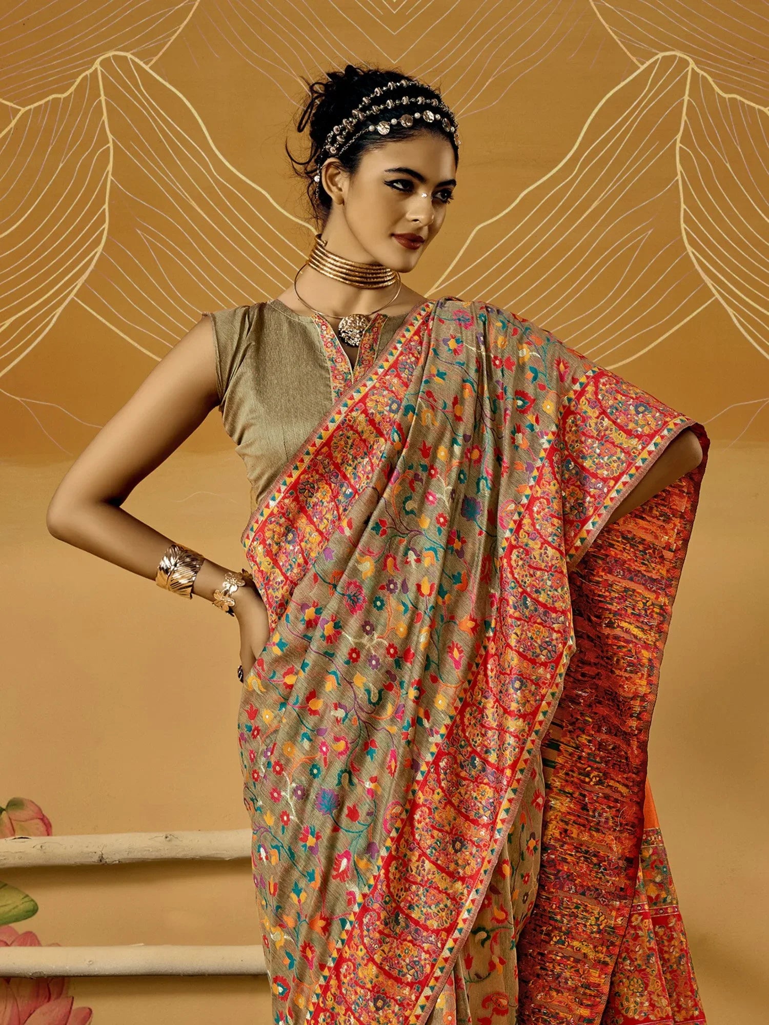 Beige Phulkari Cotton Silk Woven Saree