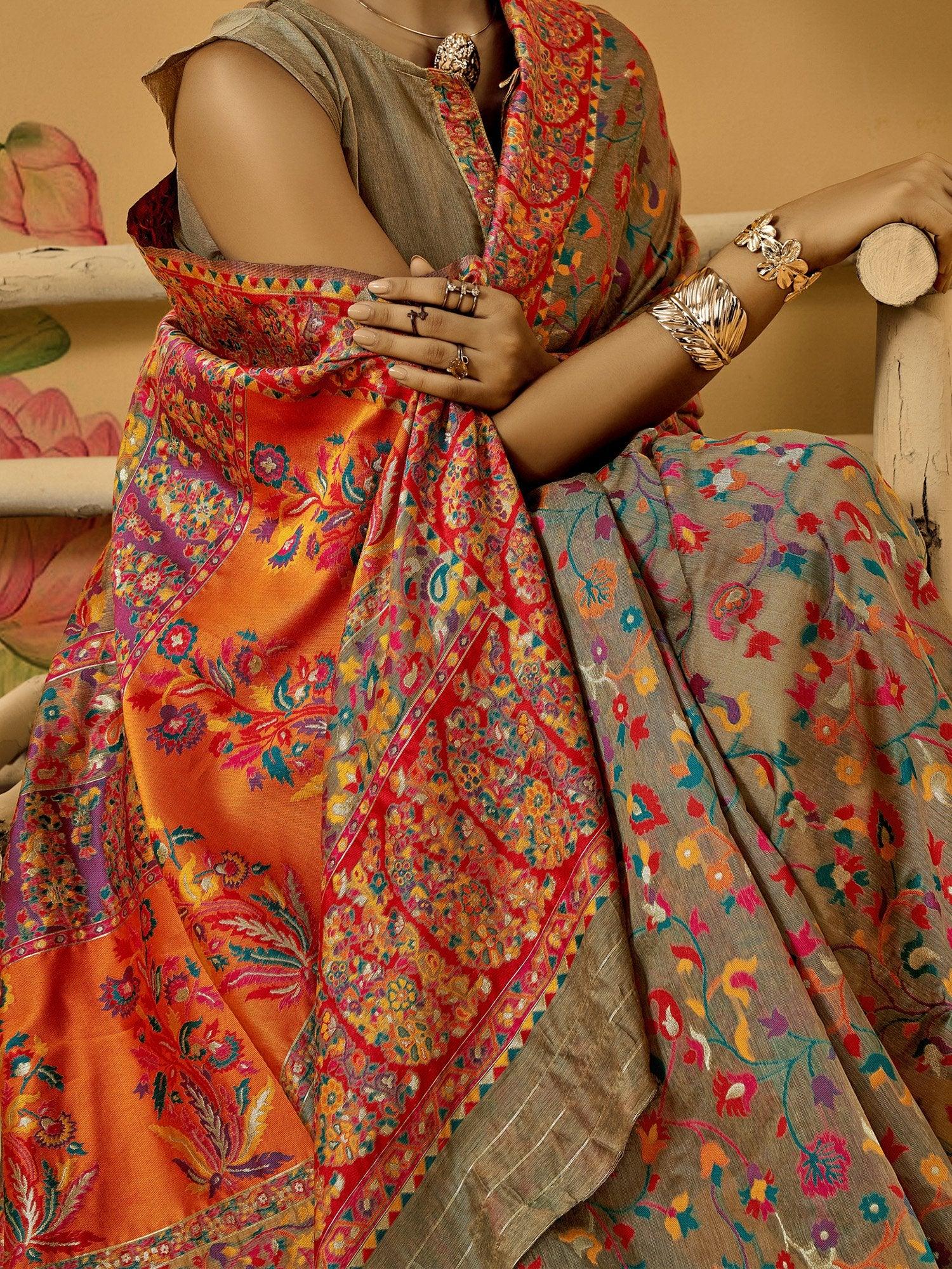 Beige Phulkari Cotton Silk Woven Saree