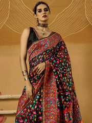 Black Phulkari Cotton Silk Woven Saree