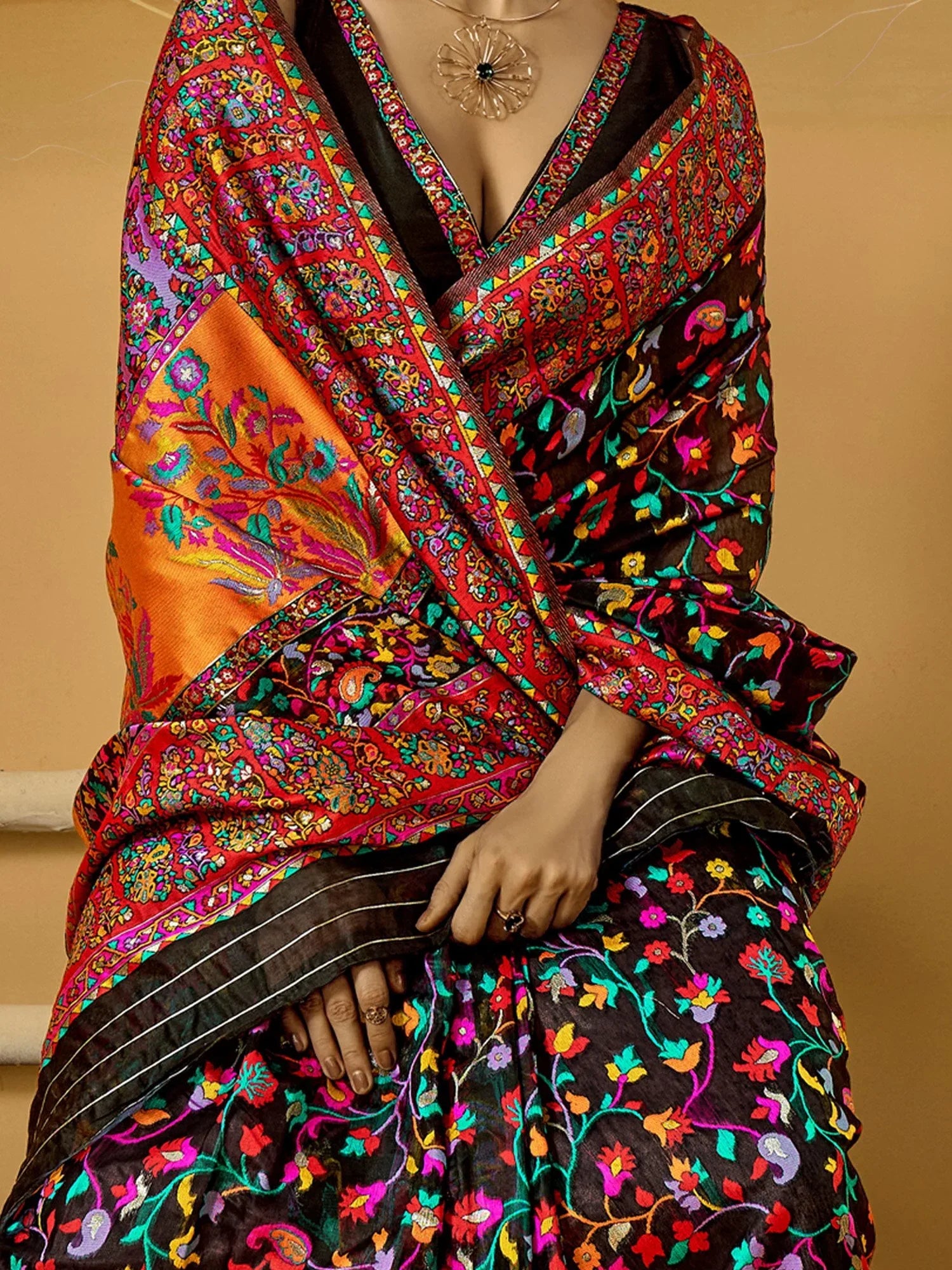 Black Phulkari Cotton Silk Woven Saree