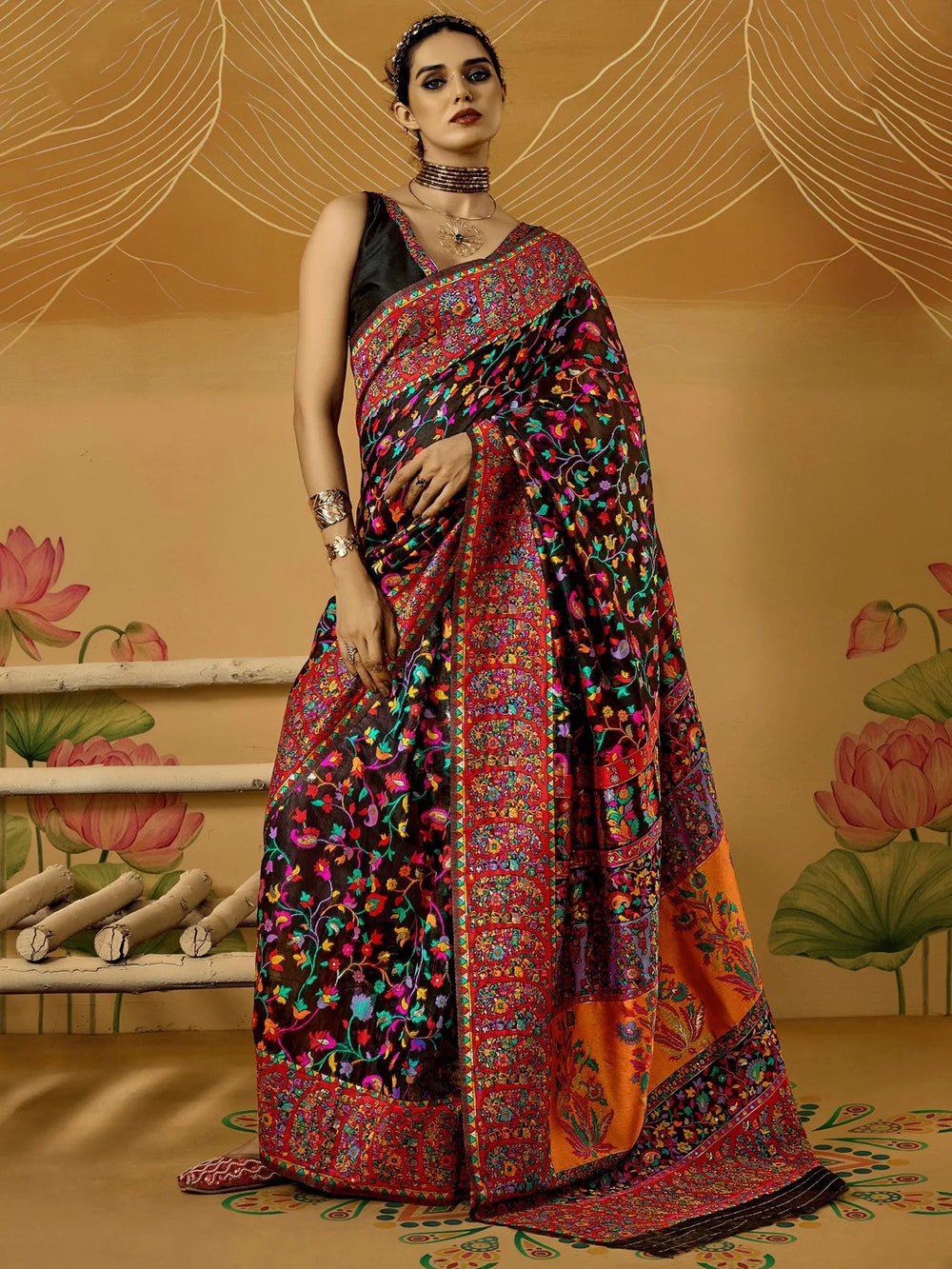 Black Black Phulkari Cotton Silk Woven Saree