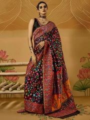 Black Black Phulkari Cotton Silk Woven Saree