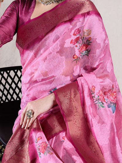 Pink Sungudi Organza Woven Saree