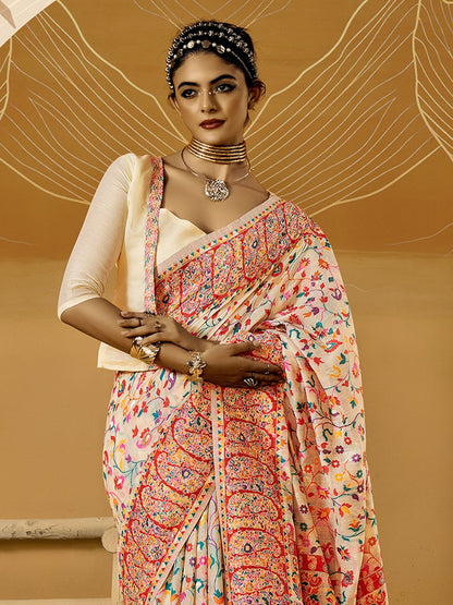Cream Phulkari Cotton Silk Woven Saree