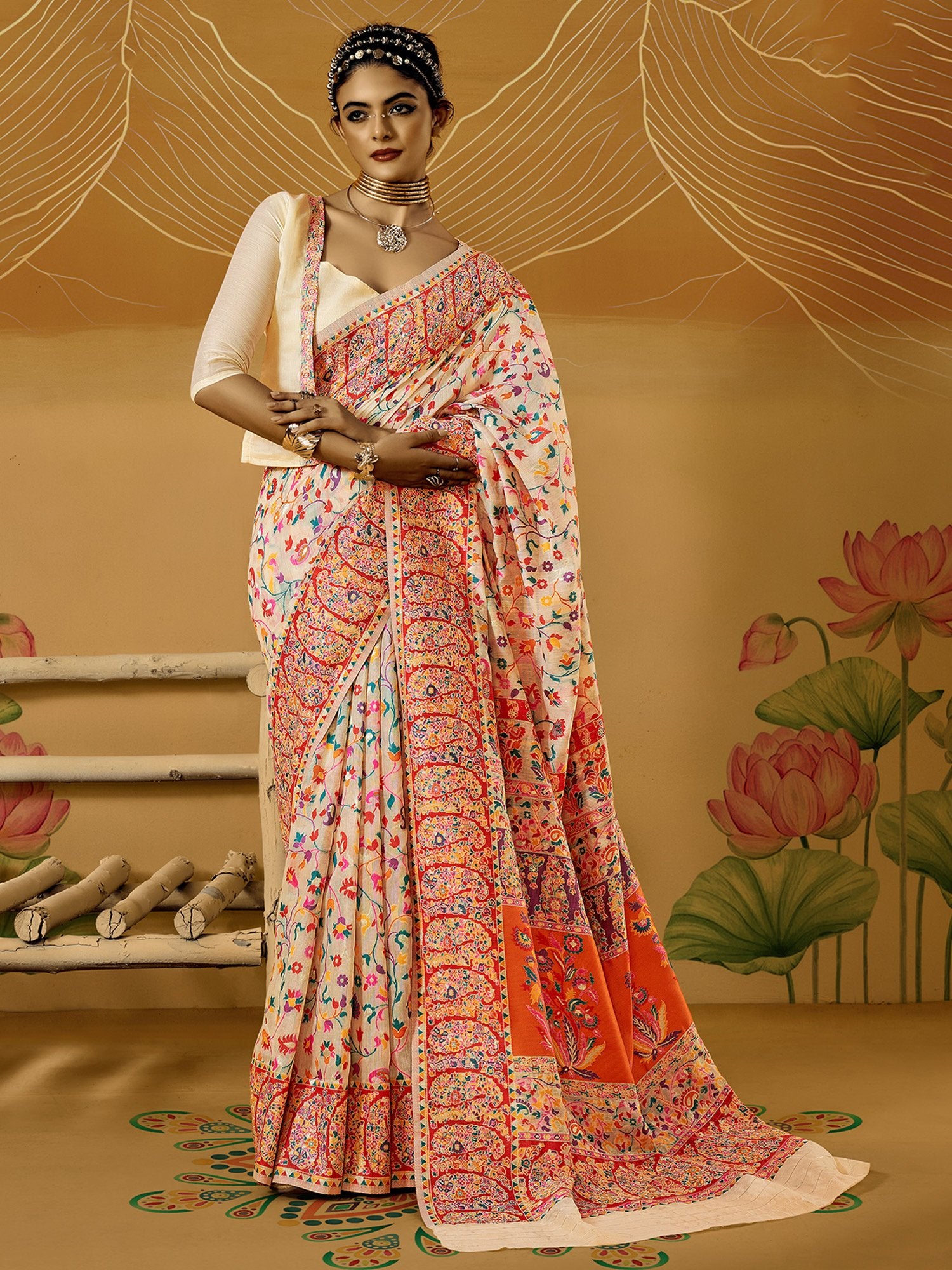 Cream Cream Phulkari Cotton Silk Woven Saree