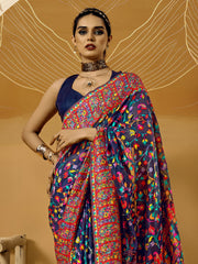 Navy Phulkari Cotton Silk Woven Saree