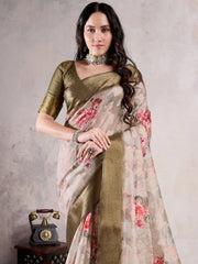 Beige Sungudi Organza Woven Saree