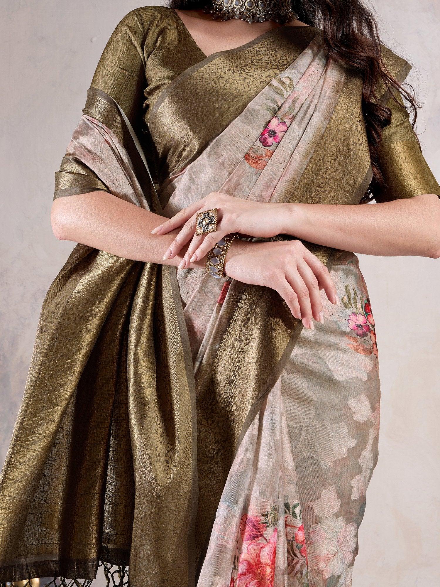 Beige Sungudi Organza Woven Saree