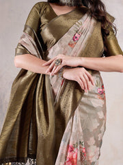 Beige Sungudi Organza Woven Saree