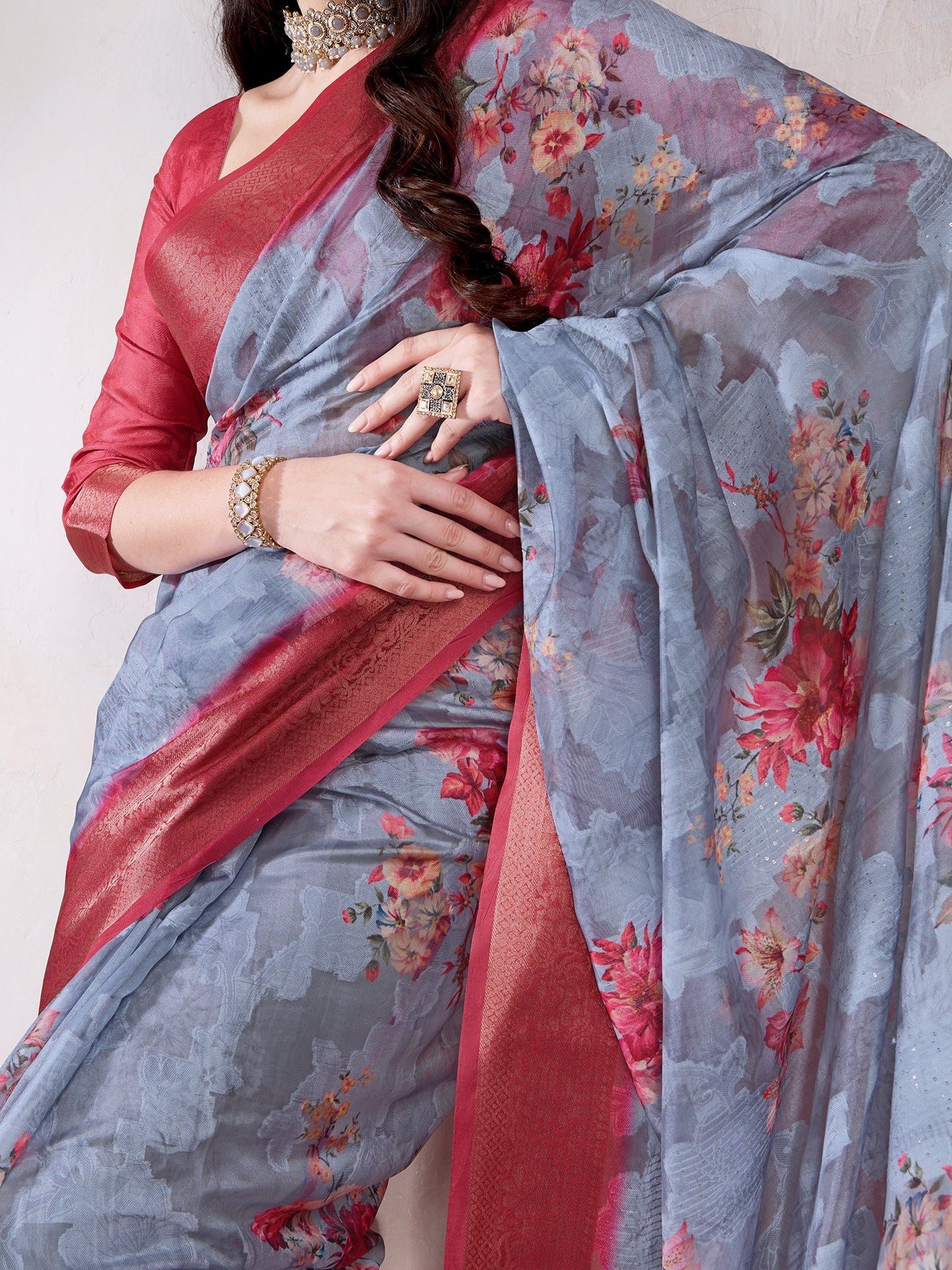 Grey Sungudi Organza Woven Saree