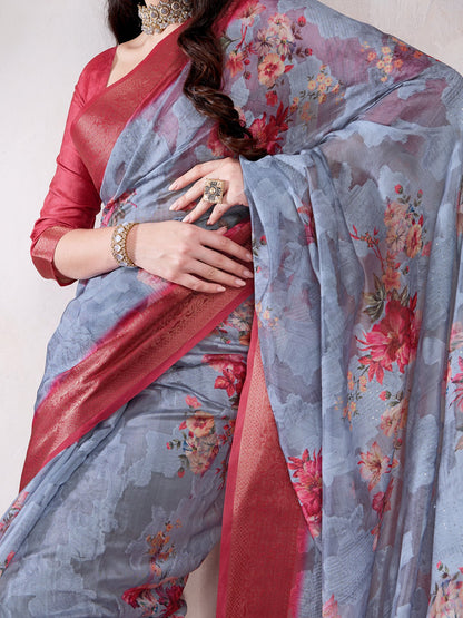 Grey Sungudi Organza Woven Saree