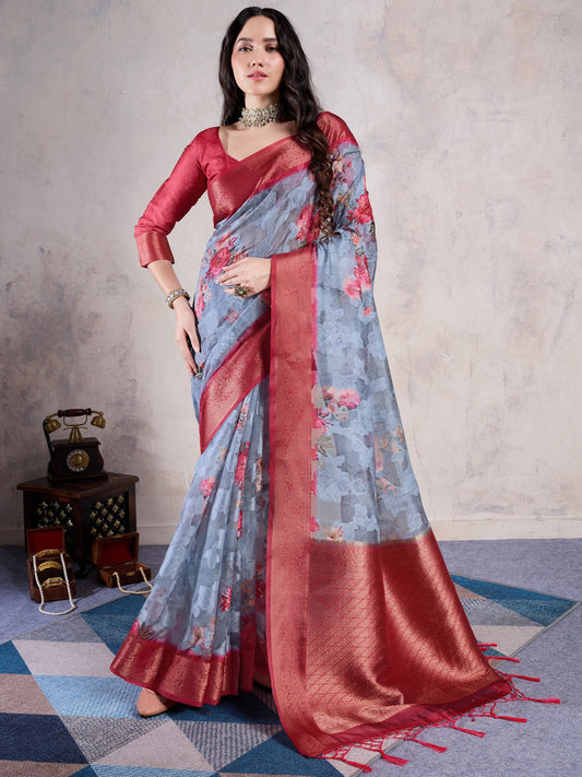 Grey Grey Sungudi Organza Woven Saree