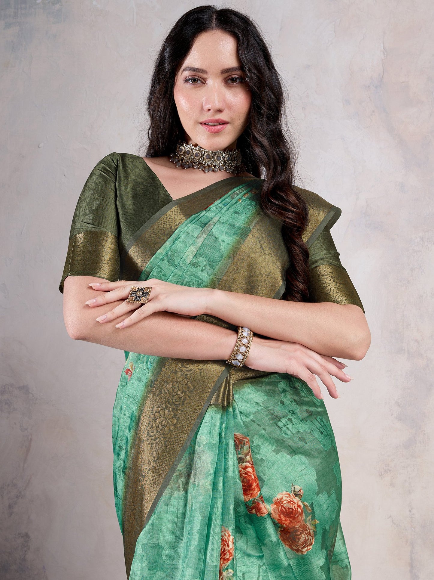 Green Sea Sungudi Organza Woven Saree