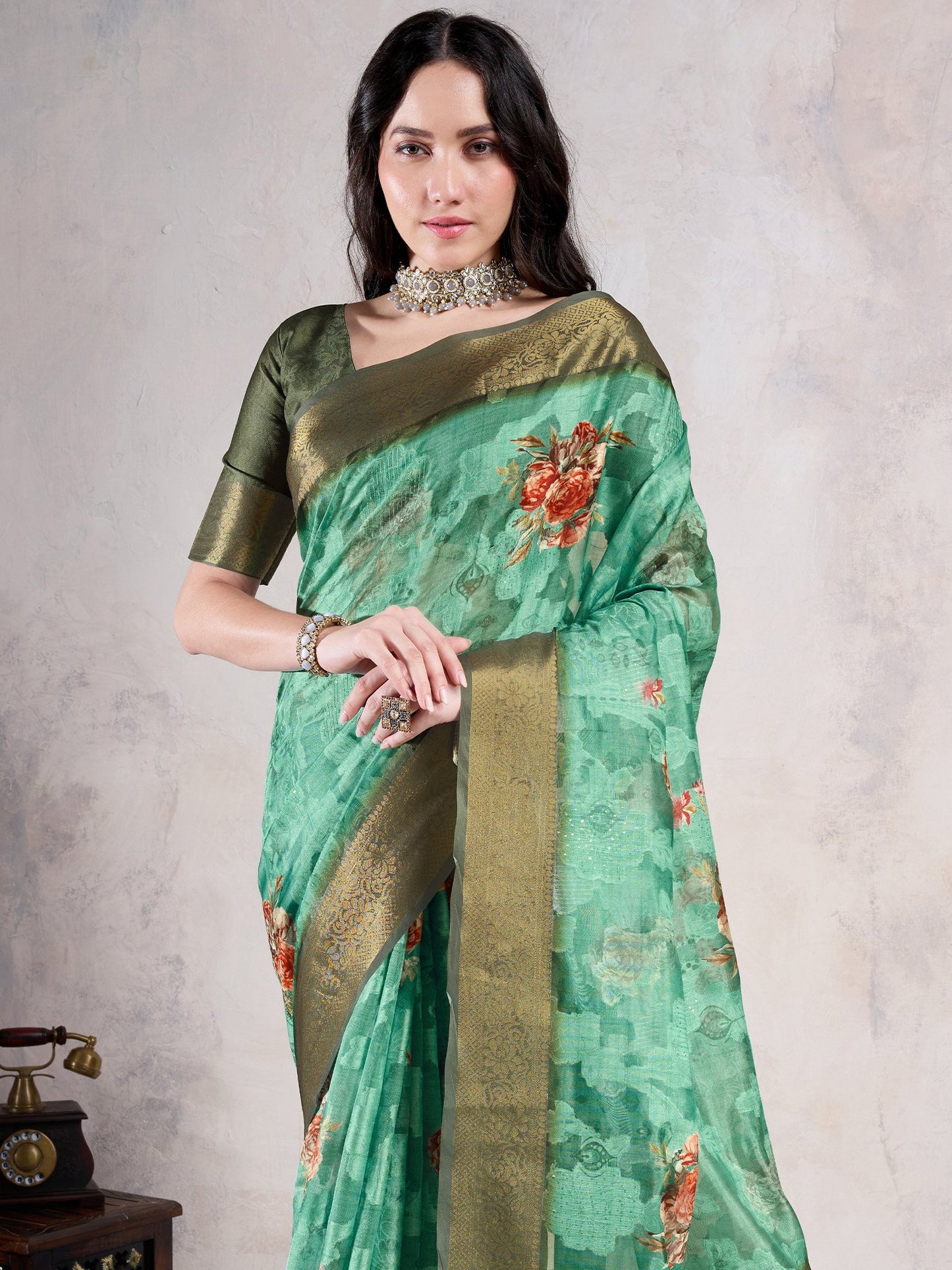 Sea Sungudi Organza Woven Saree