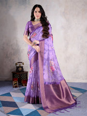 Lavender Mauve Sungudi Organza Woven Saree