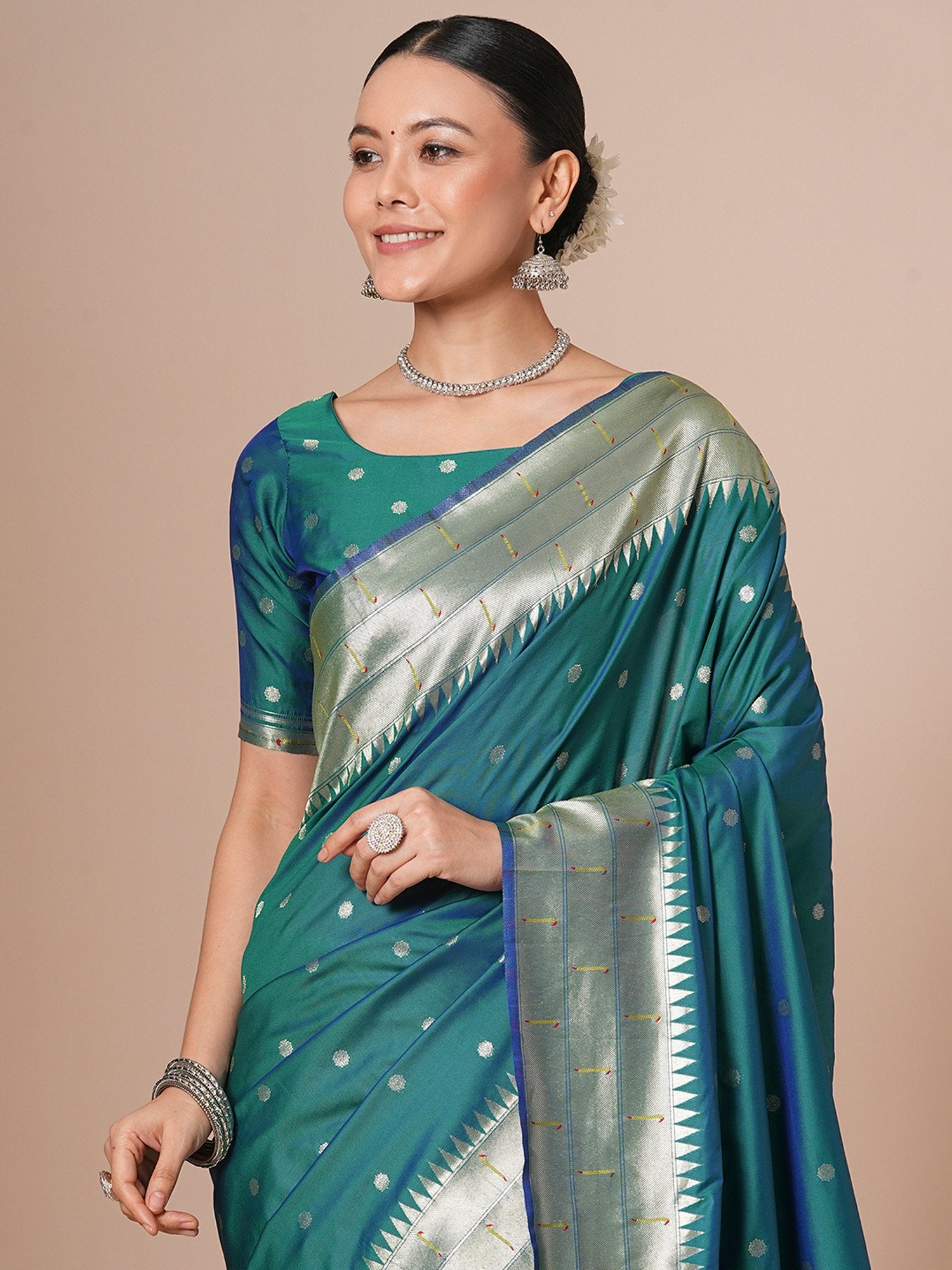 Teal Blue Paithani Silk Blend Woven Saree