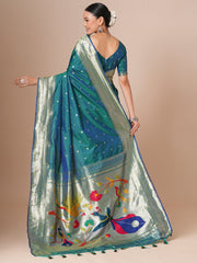 Teal Blue Paithani Silk Blend Woven Saree
