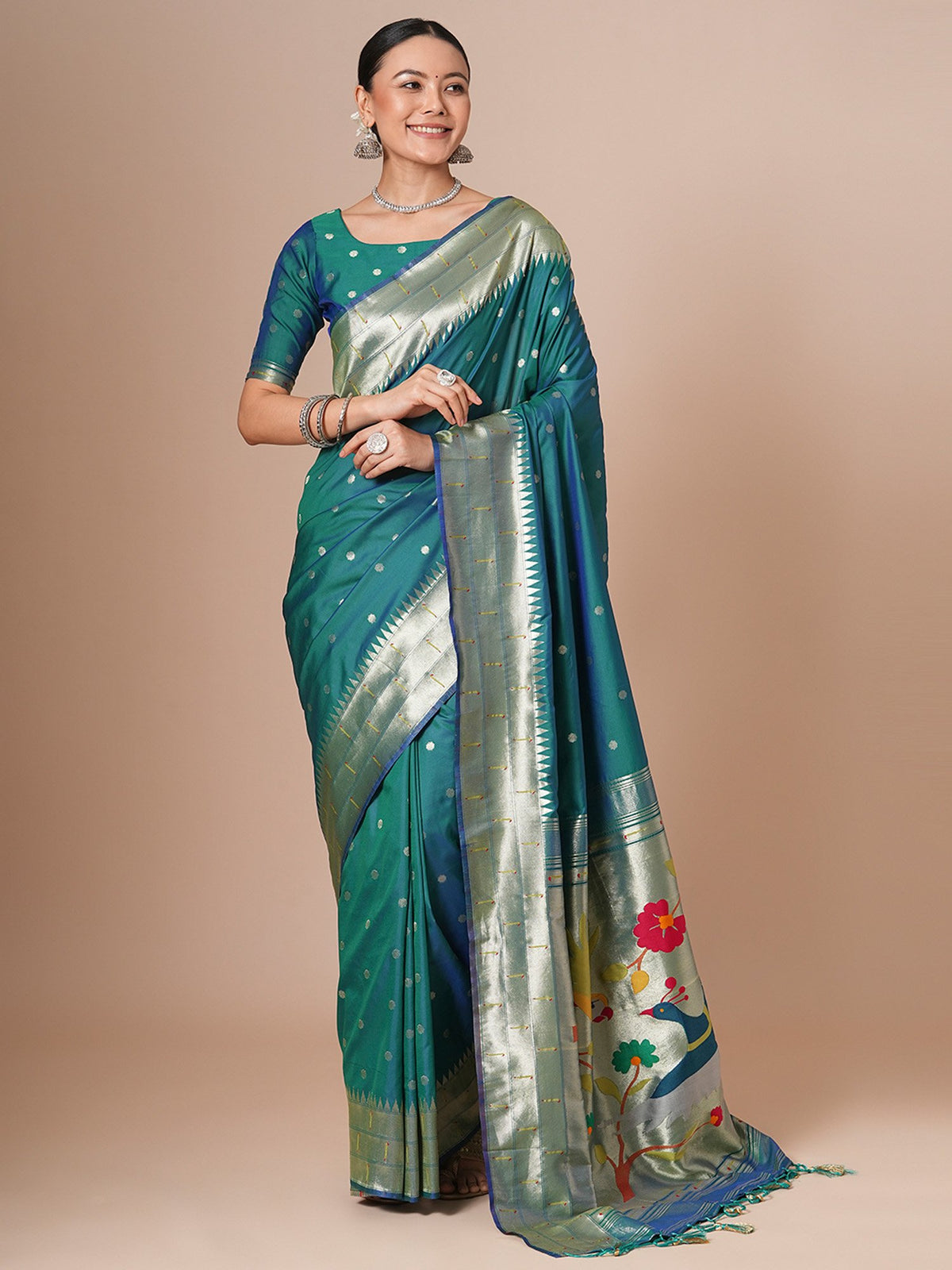 Blue Teal Paithani Silk Blend Woven Saree