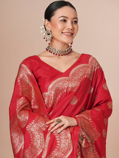 Red Banarasi Silk Blend Woven Saree