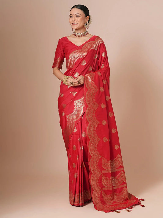 Red Red Banarasi Silk Blend Woven Saree
